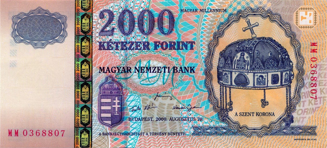 Millenniumi 2000 forintos emlékbankjegy előoldal – Szent Korona